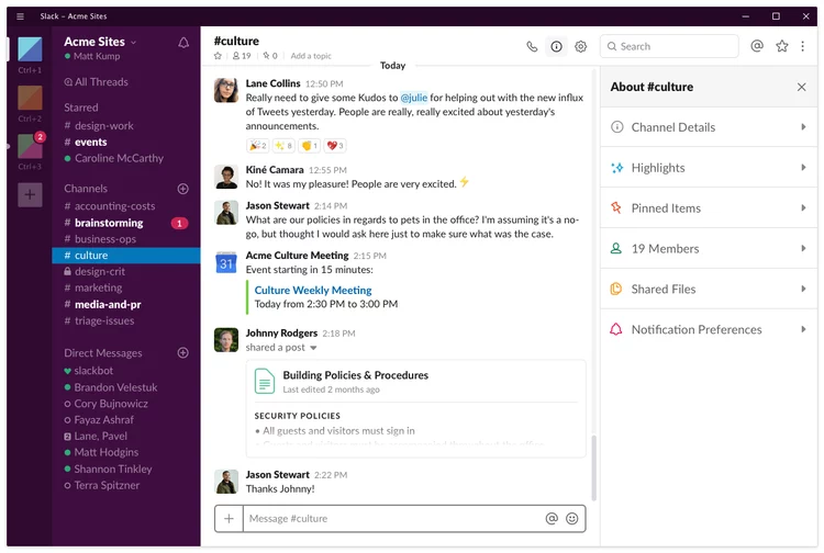 Il Workspace di Slack Pannello Workspace Slack