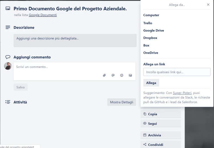 Tool Allega da... nella Scheda Trello Scheda lavoro Trello